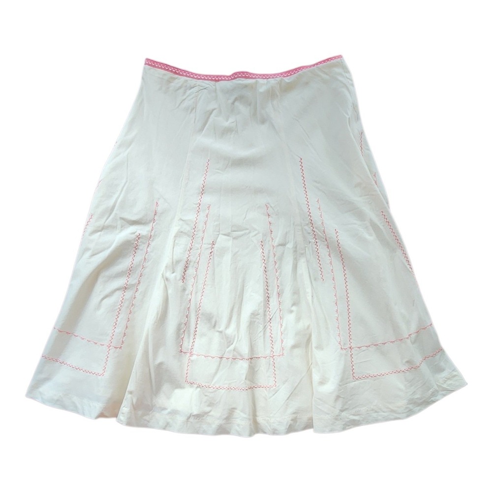i.e. Midi Skirt Womens 12 White Pink Embroidered Cotton Excellent A-Line Boho - Picture 2 of 8